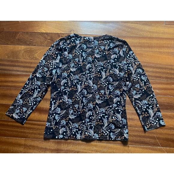 Garnet Hill Women’s Medium Merino Wool Cardigan Sweater Black Tan Autumn Florals - Picture 4 of 6